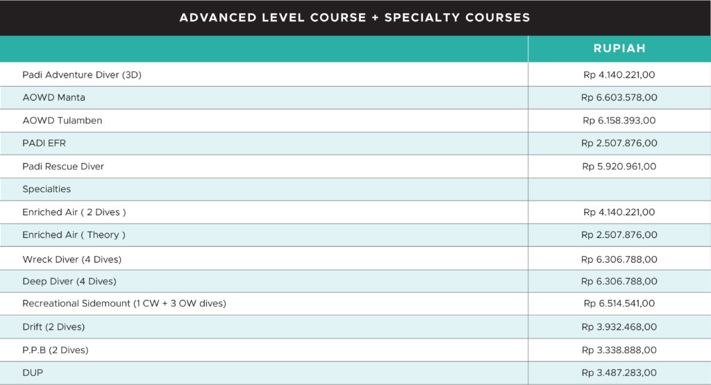 Advanced level course & specialty courses prices | Atlantis Bali Diving
